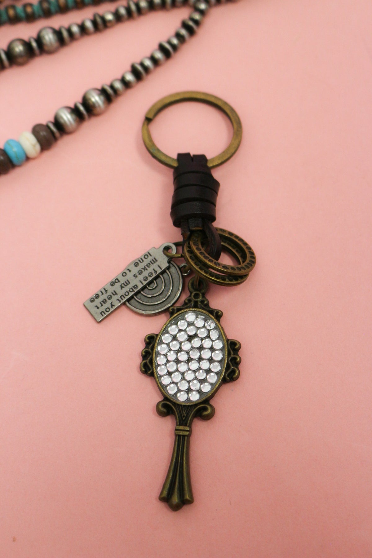 To Be Free Western Keychain Charm with brown connector, antiqued metal accents and sparkling hand-mirror-shaped charm