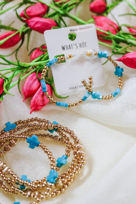 Gold Turquoise Cross Beaded Hoop Earrings