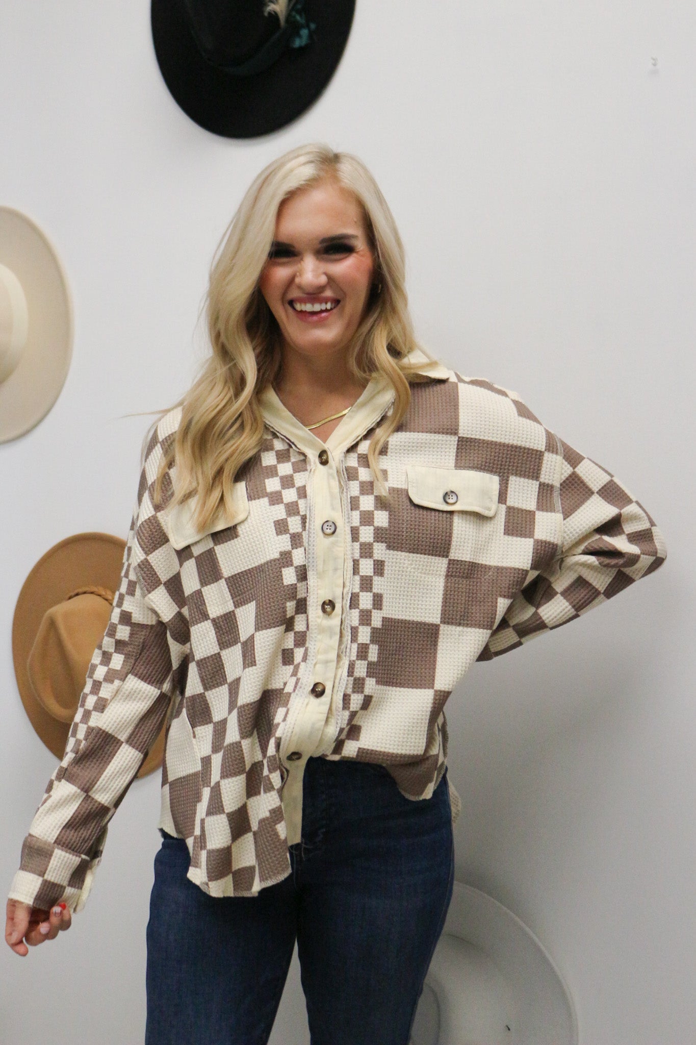 With Warm Feeling Mocha Checkered Waffle Knit Shacket