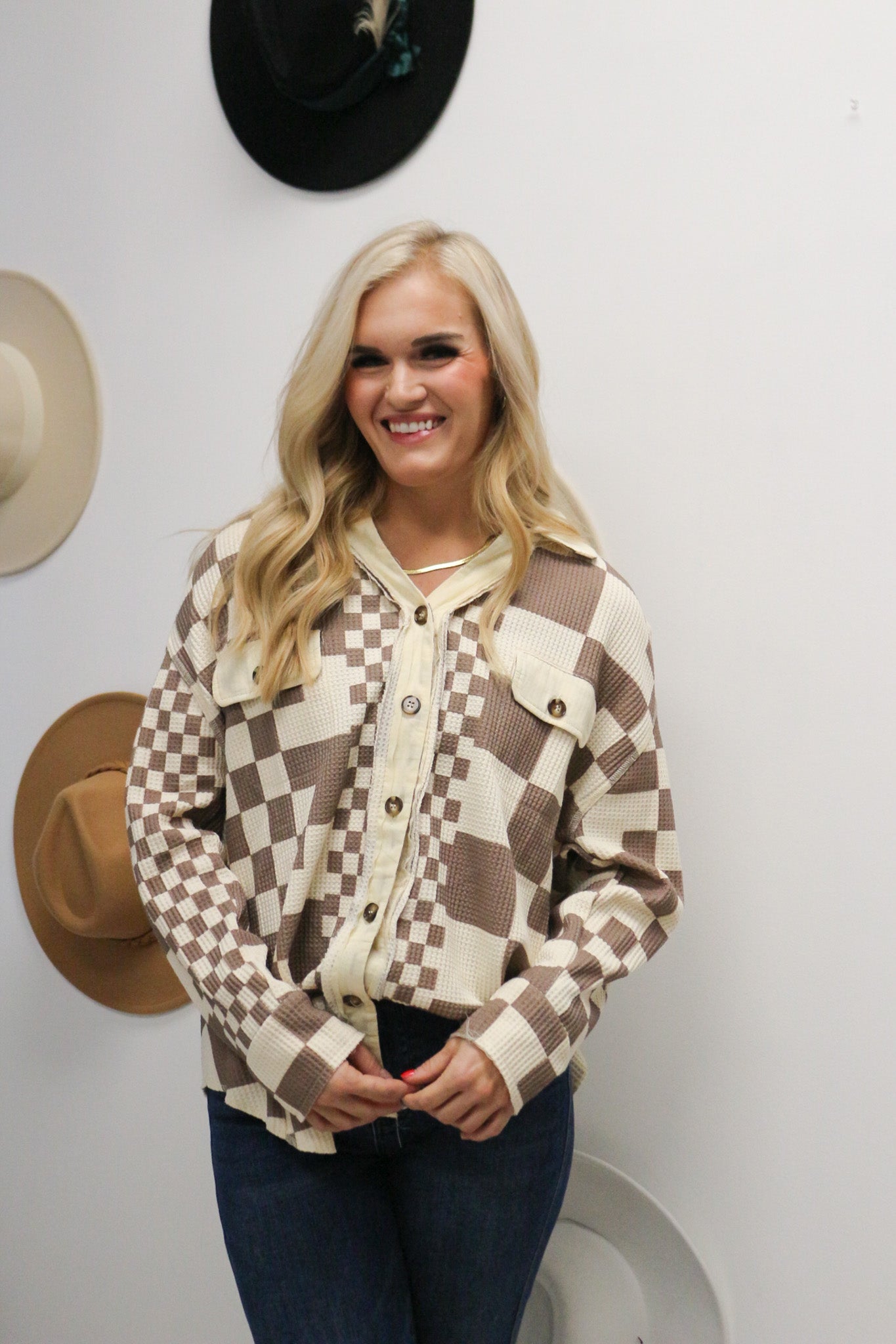 With Warm Feeling Mocha Checkered Waffle Knit Shacket