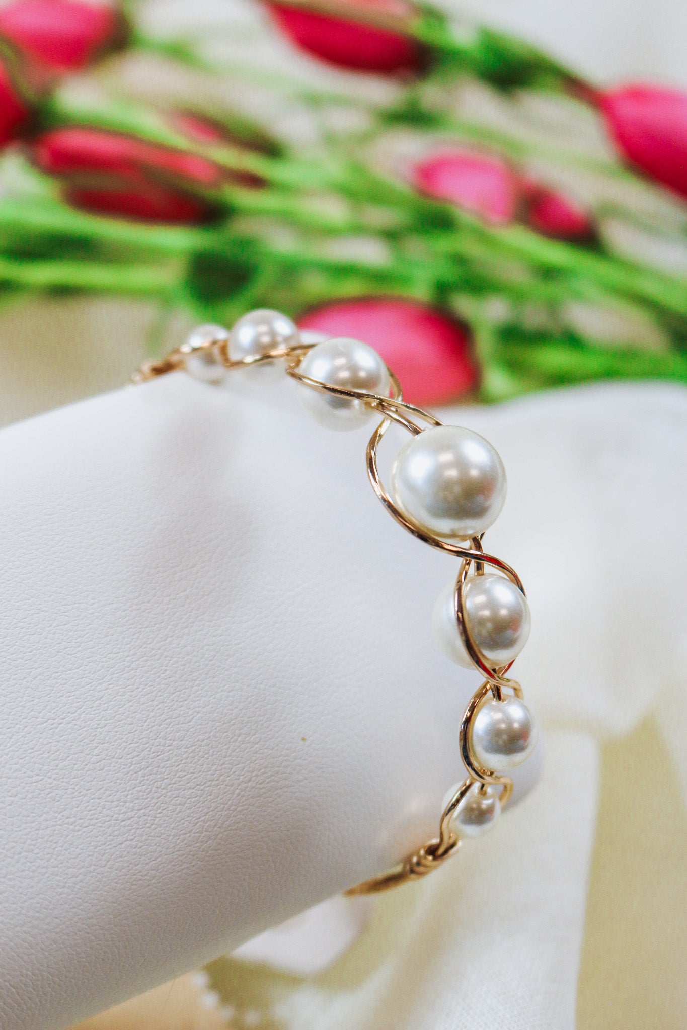 Gold Wire Wrapped Pearl Hinged Bracelet