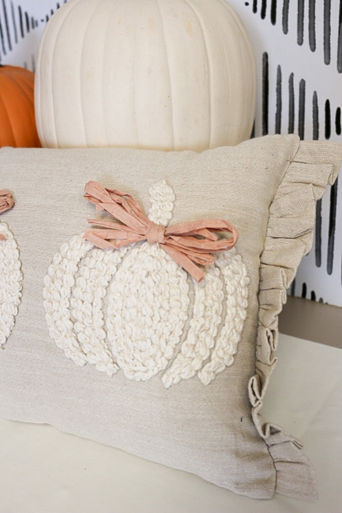 Lumbar Embroidered White Pumpkin Pillow