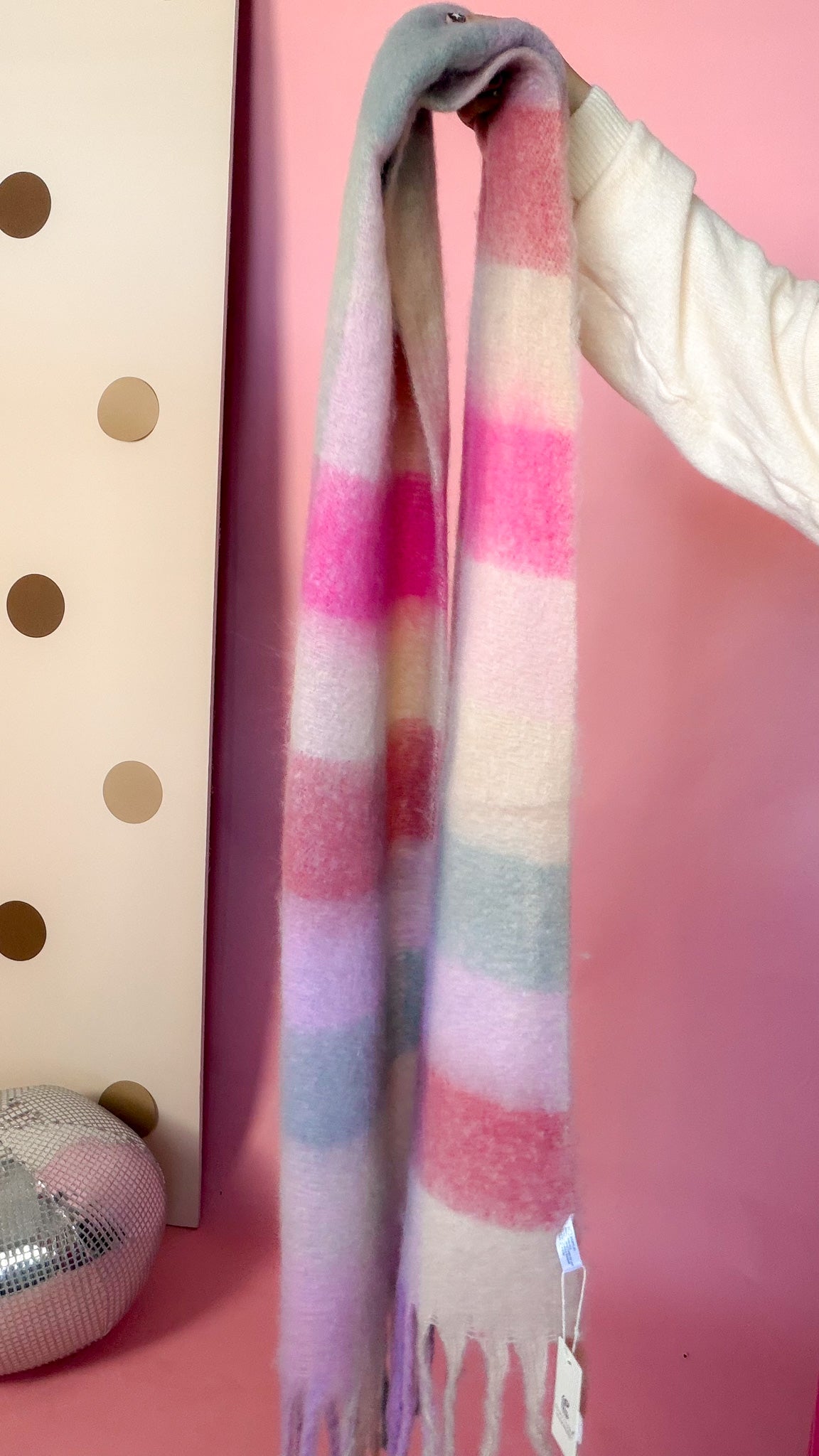 Joia plaid pink chunky knit scarf, held up to show full length