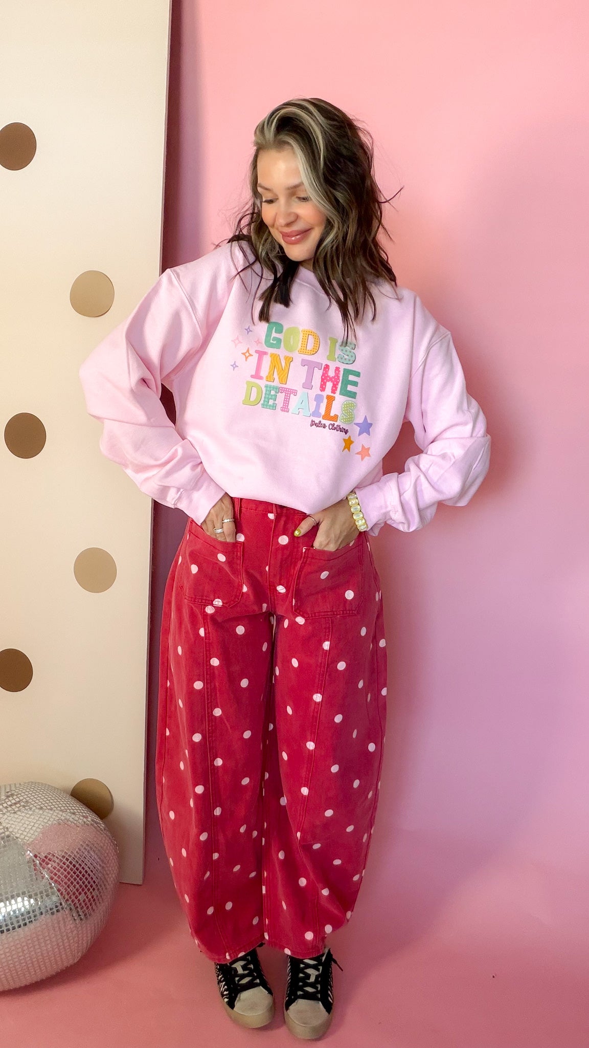Adelle Linen God Is In The Details pink sweatshirt, front with red polka dot pants