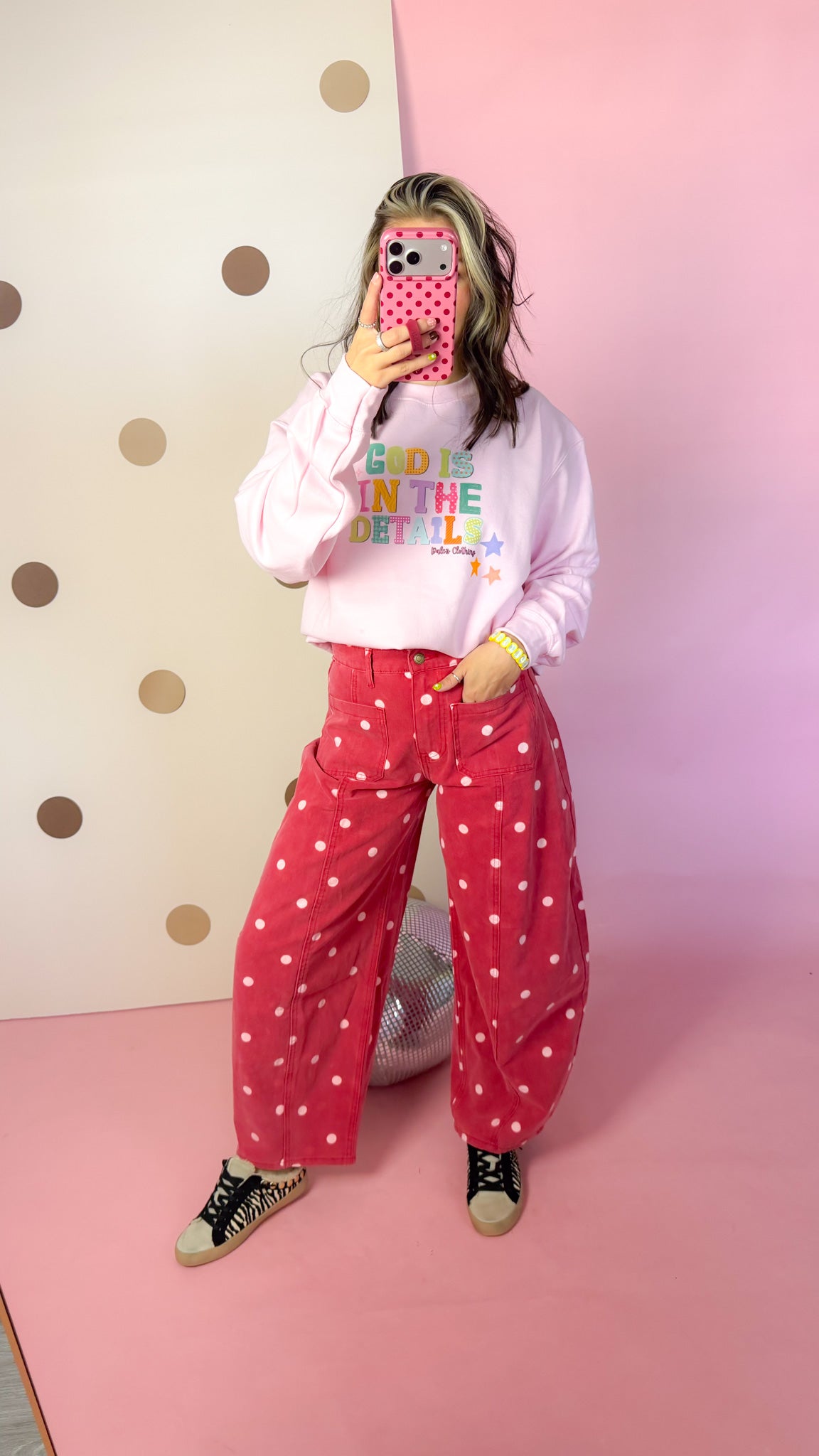God Is In The Details pink sweatshirt, mirror selfie full length