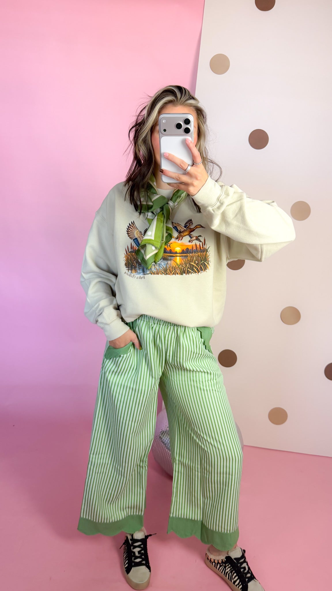 Reason To Celebrate sage stripe pants, mirror selfie front