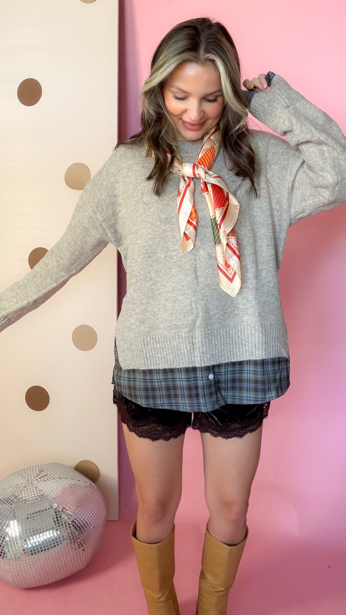 Anniewear A Warming Welcome heather grey sweater with plaid hem, front with scarf