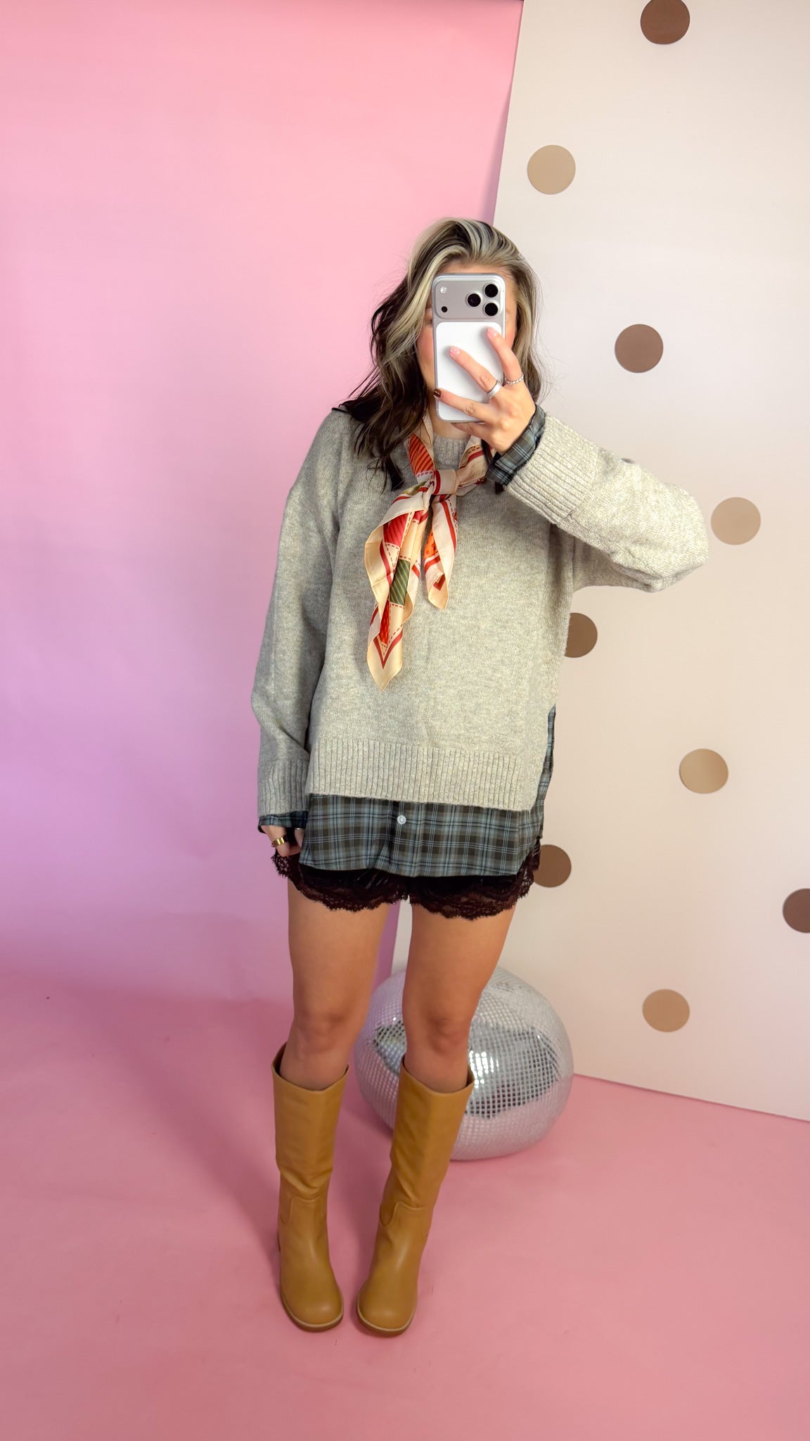 A Warming Welcome plaid hem sweater, mirror selfie full length