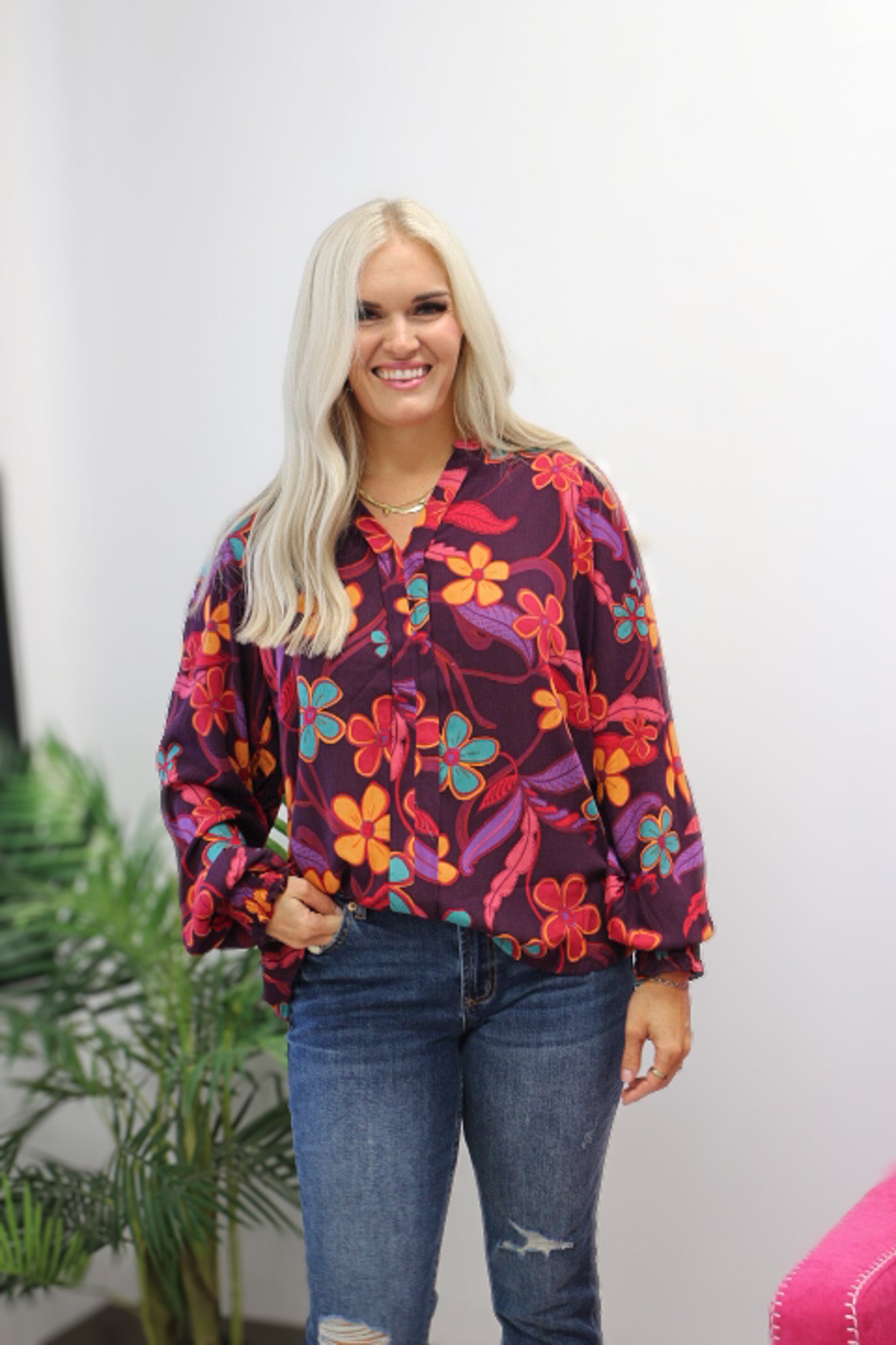 Harvest Bloom Eggplant Purple Floral Blouse
