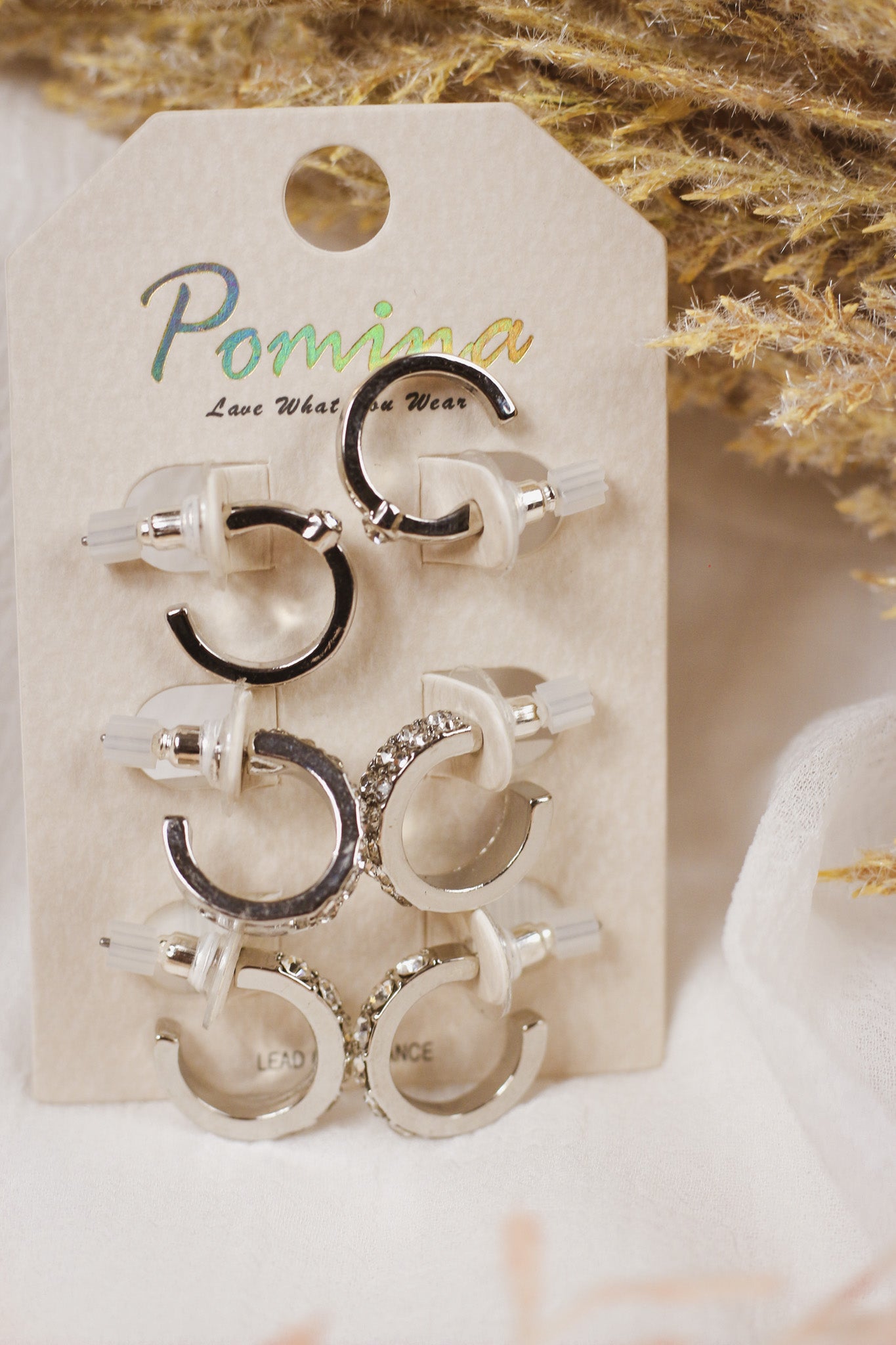 Set of 3 Silver Huggies with Rhinestones Earrings