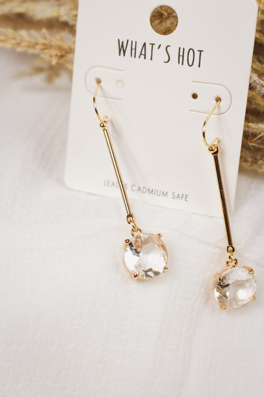 Clear Crystal Stone Drop on Gold Bar 1.5" Earring