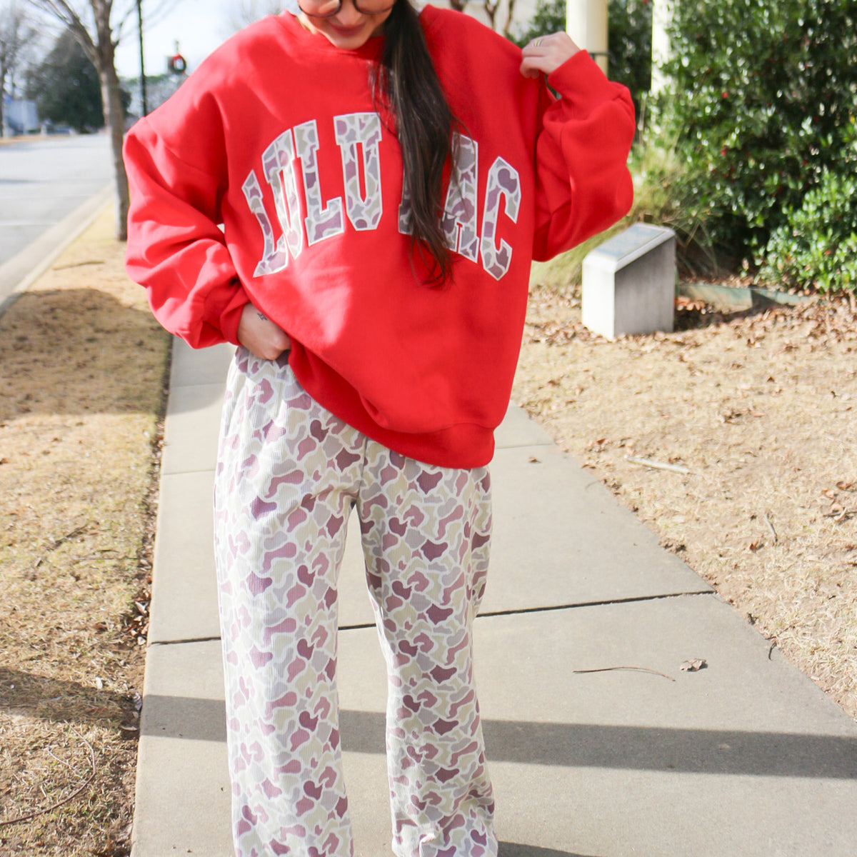 Lulu Mac camo print sweatshirt, shown in one of four available colors