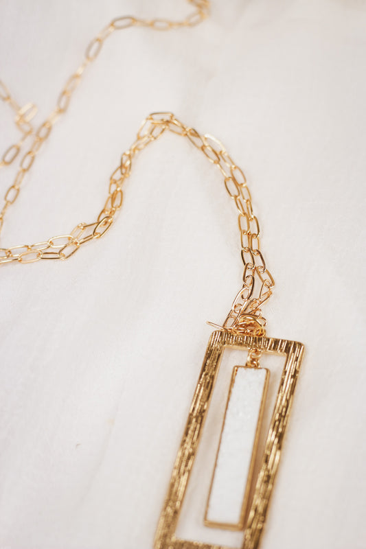 White Druzy and Gold Rectangle Bar 32" Necklace