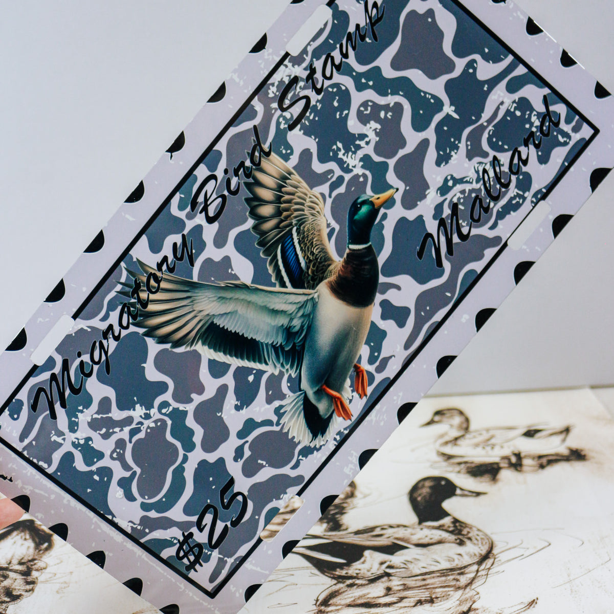 Decorative license plates in camo turkey, farm, and patriotic novelty designs