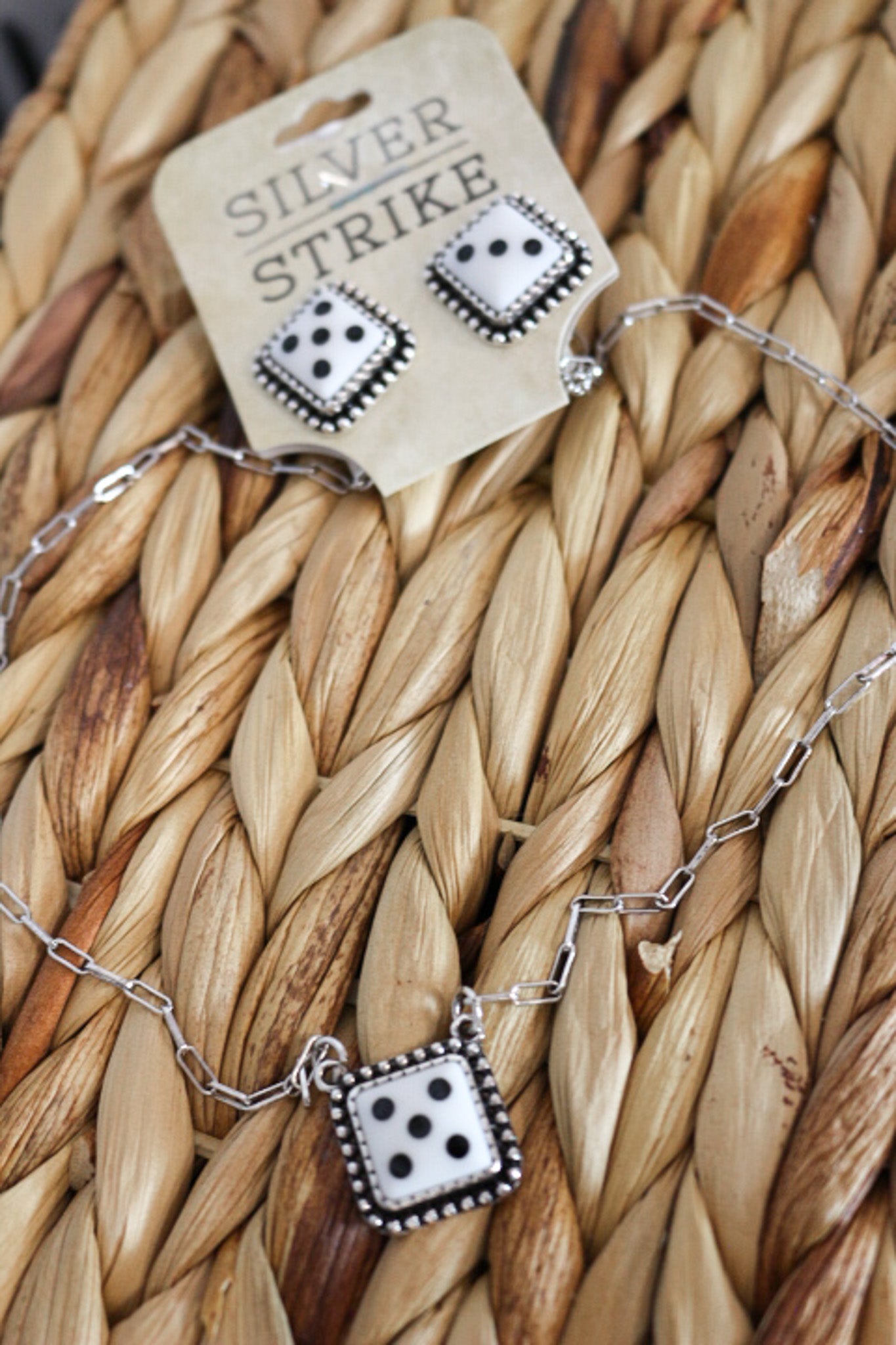 Women's Silver Strike Black and White Dice Necklace Set