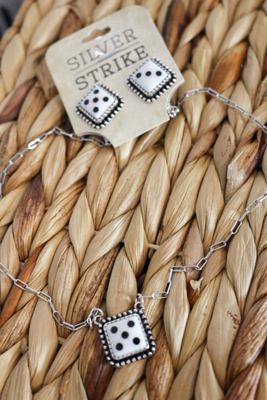 Women's Silver Strike Black and White Dice Necklace Set