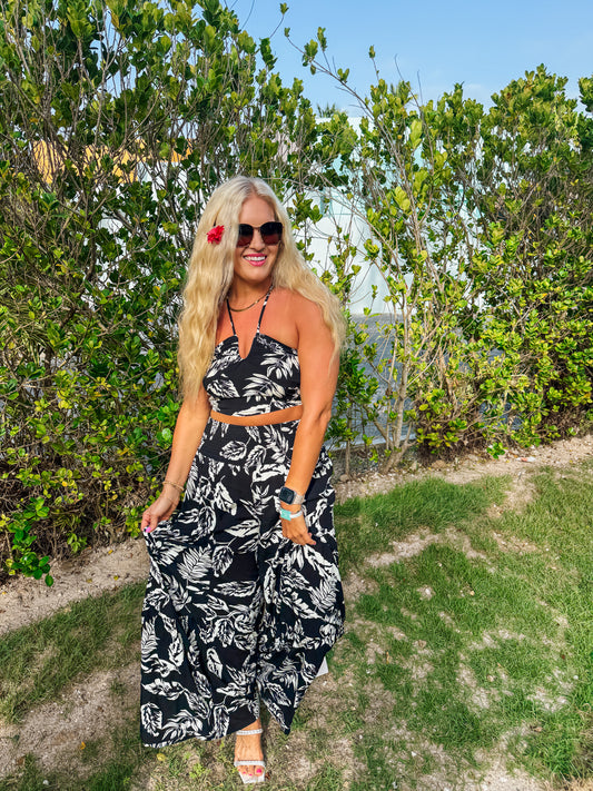 Seaside Chic Black Tropical Leaf Pant Set