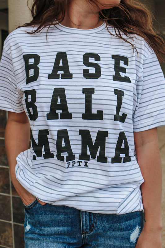 Baseball Mama White Stripe Graphic Tee