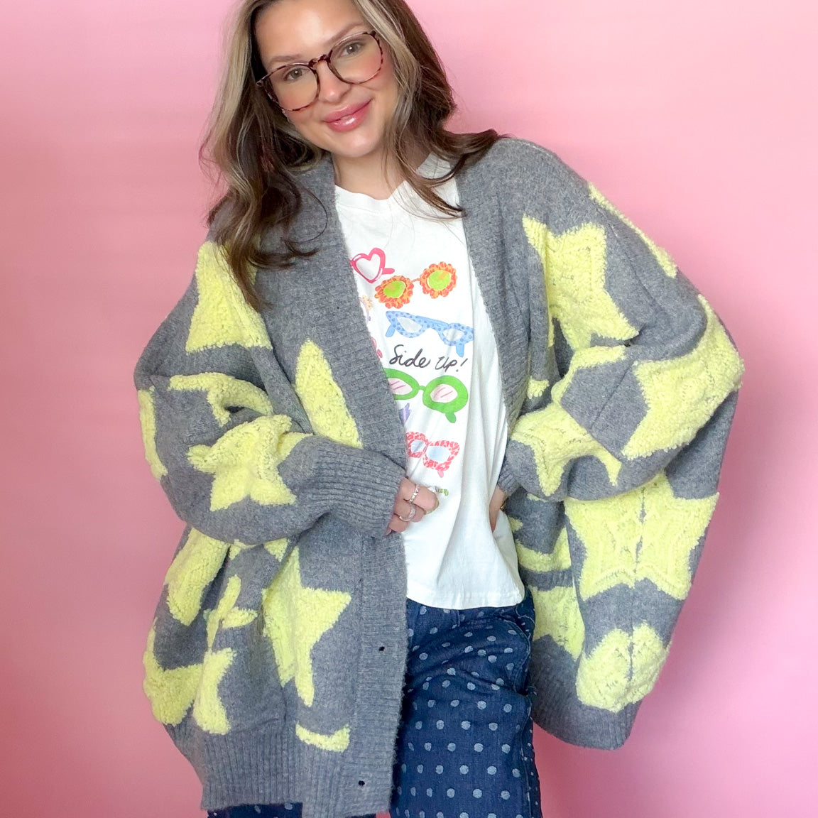 Shooting for the Stars women's oversized sweater cardigan, shown in one of four available colors
