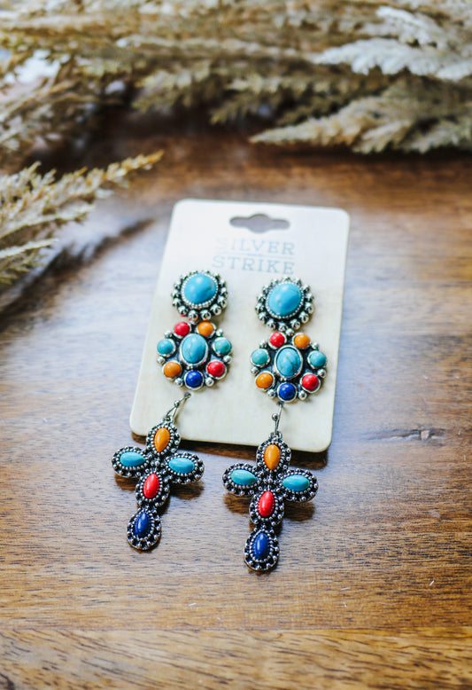 Silver Multi-Colored Turquoise 3 Earrings Set