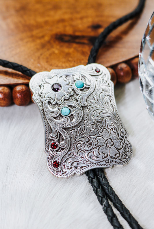 Black & Silver Double S Bolo Tie Flower Stone