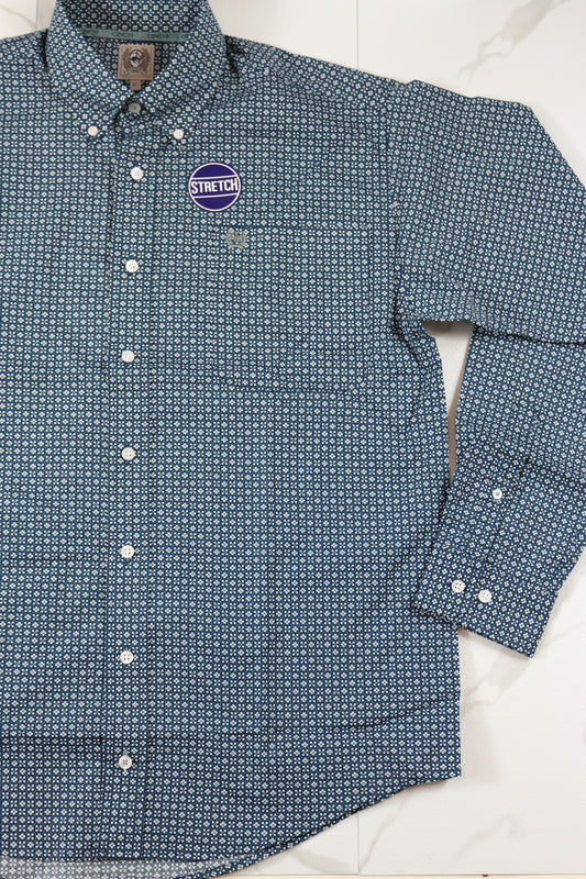 Cinch Men's Blue Printed Long Sleeve Button Up Shirt