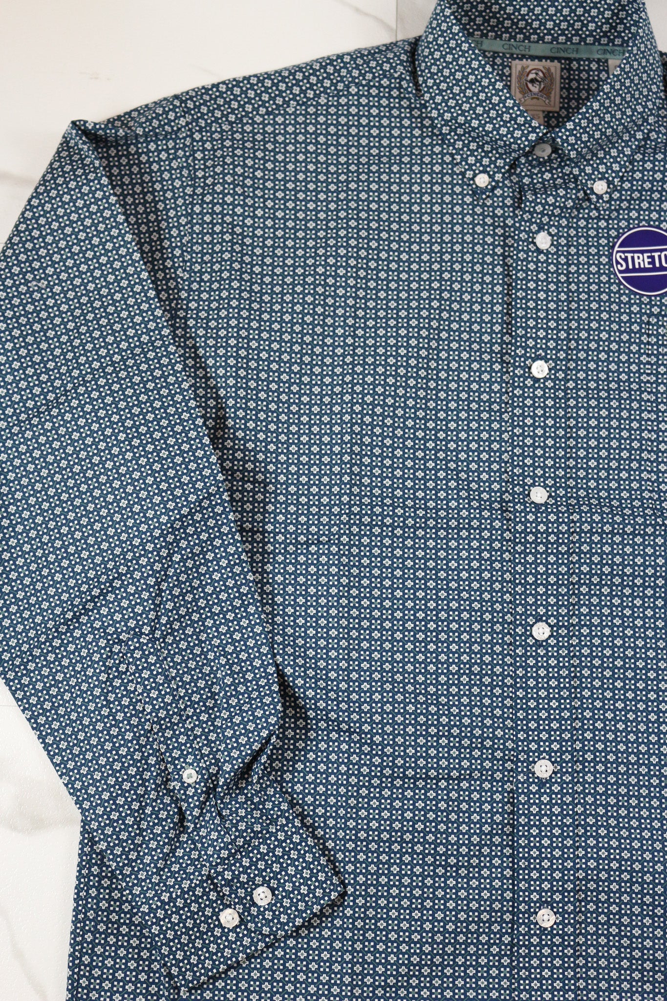 Cinch Men's Blue Printed Long Sleeve Button Up Shirt