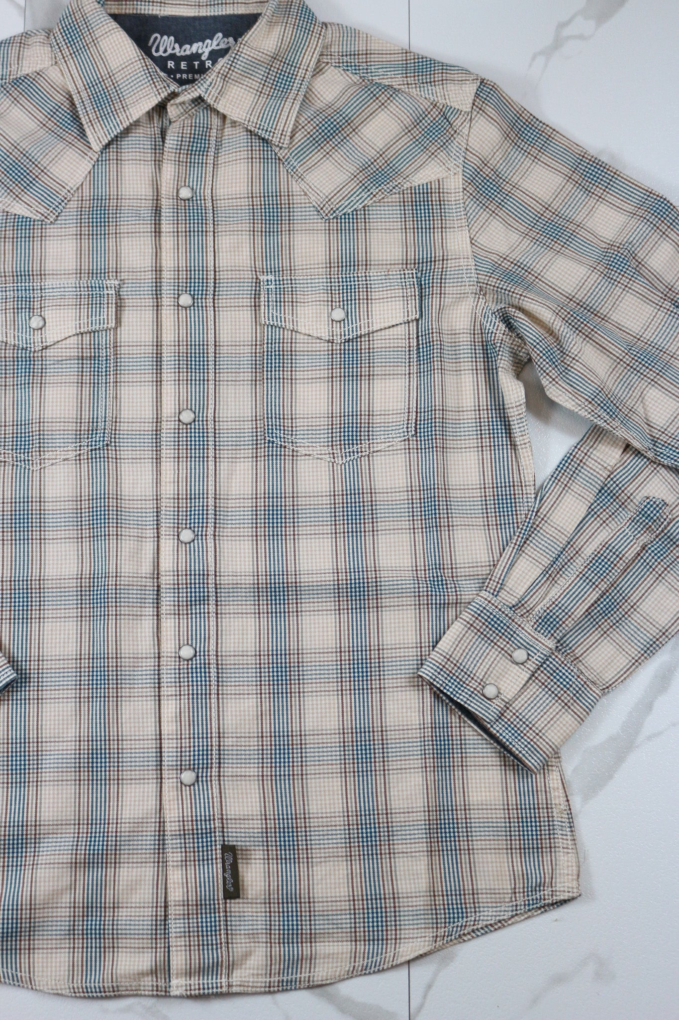 Wrangler Men's Retro Sandy Blue Premium Long Sleeve Plaid Shirt