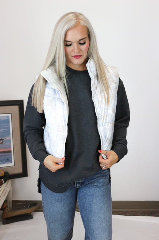 Caught Up With You White Camo Puffer Vest