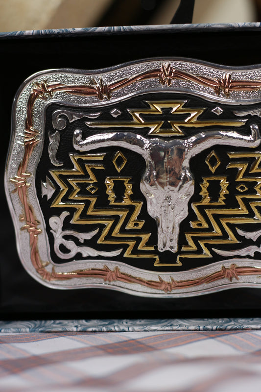 Rectangle Longhorn Skull Belt Buckle