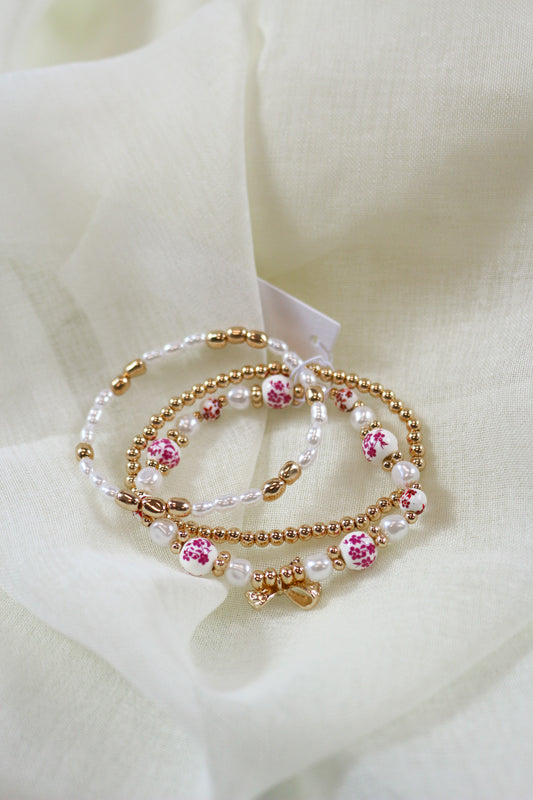 Gold & Pink Ceramic Porcelain Bow Multi Layer Bracelet