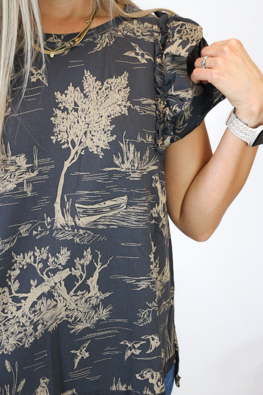 Charm In The West Charcoal Grey Western Ruffle Top