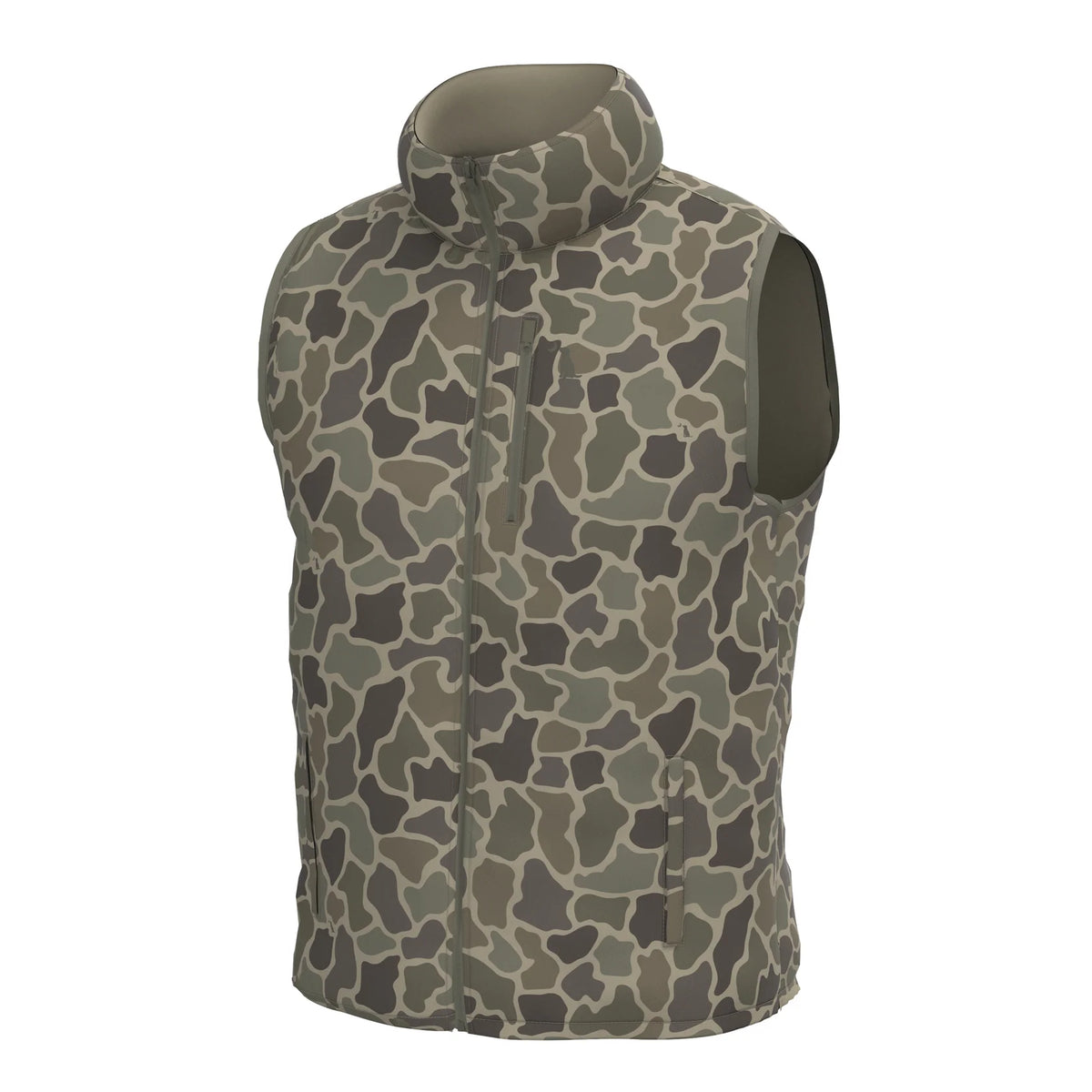 Local Boy duck down vest, old school camo side, front view