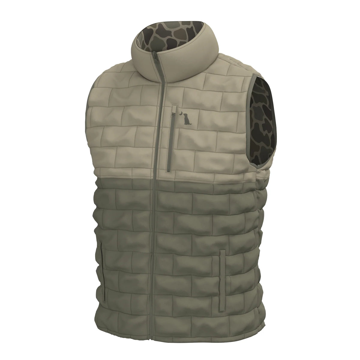 Local Boy duck down vest, two-tone tan and olive quilted side with old school camo lining, front