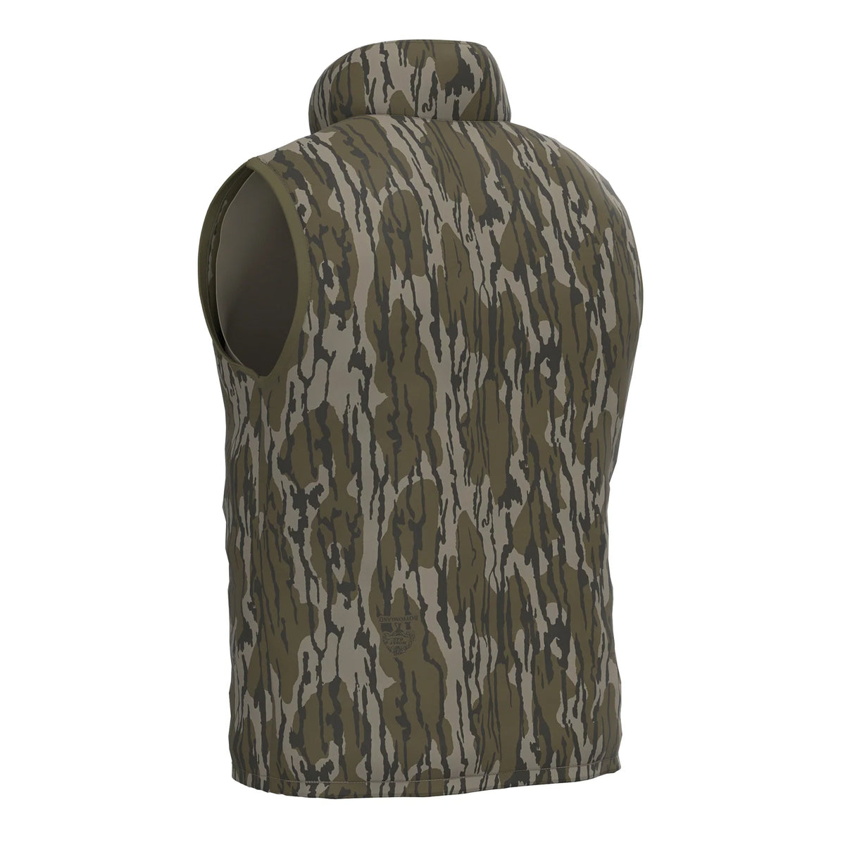 Local Boy duck down vest, bottomland-style camo side, back view