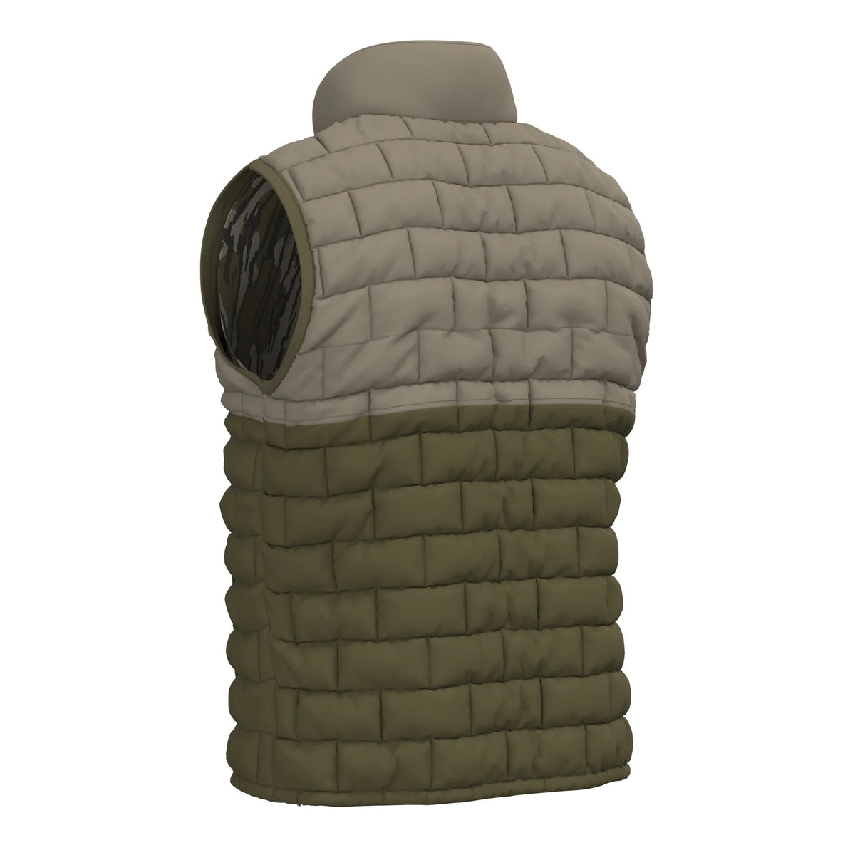 Local Boy duck down vest, two-tone tan and olive quilted side, back view