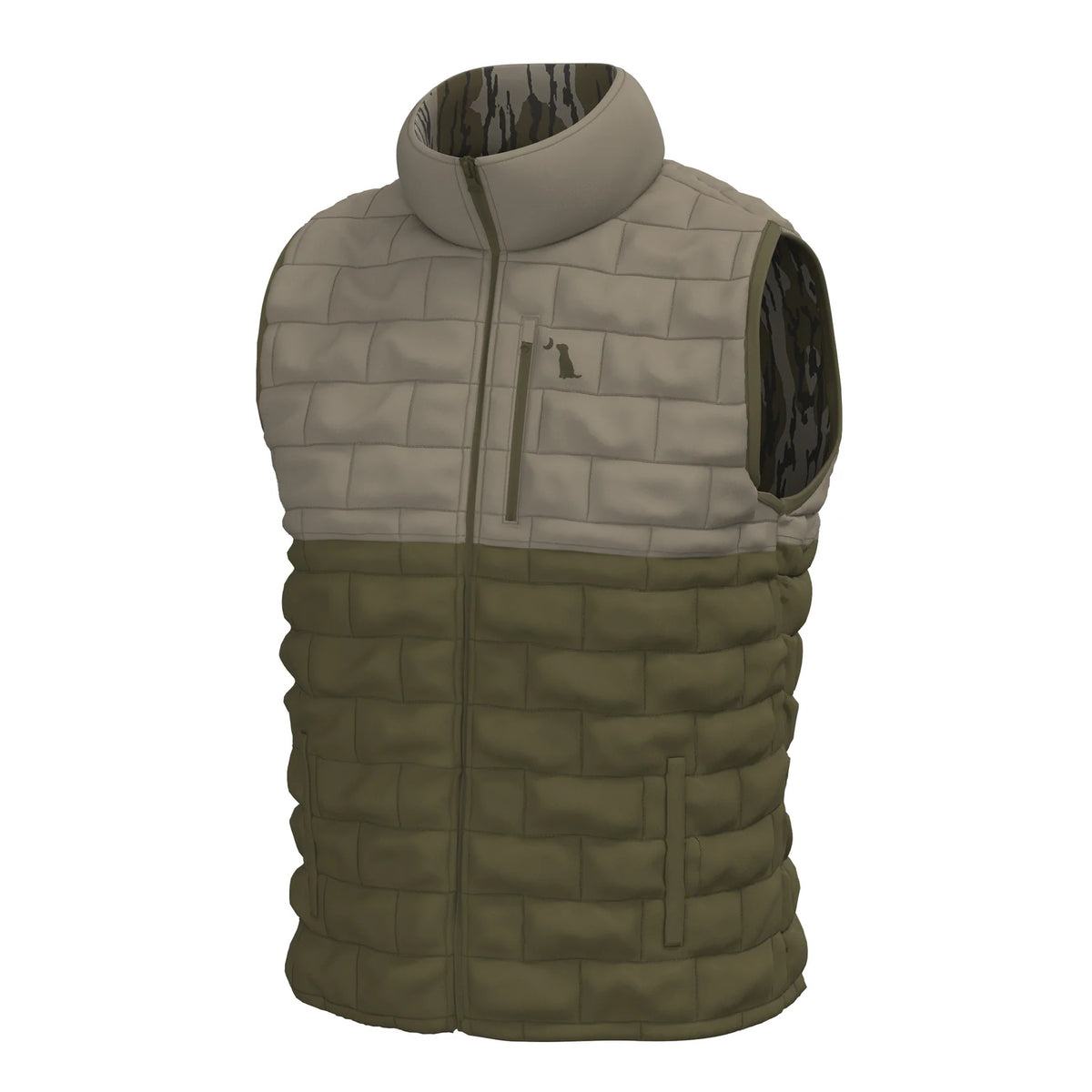 Local Boy duck down vest, two-tone tan and olive quilted side with bottomland camo lining, front