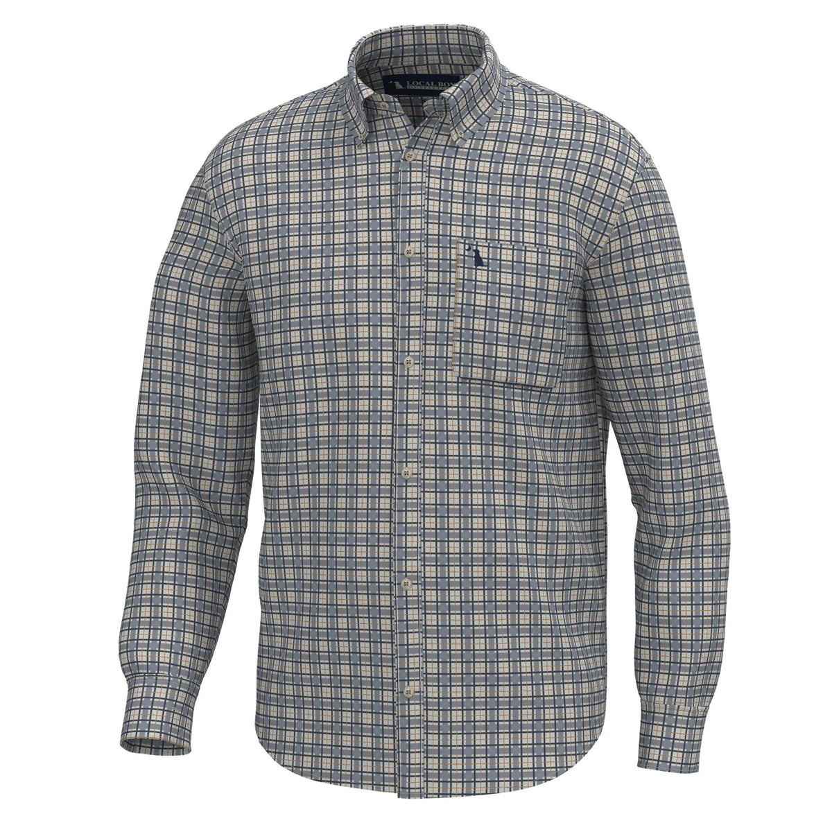 Local Boy Faulk dress shirt in slate, rust and navy plaid, front view