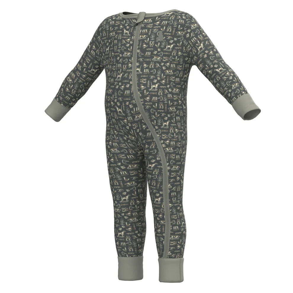 A baby's long-sleeve footless one-piece sleeper with an all-over animal print pattern in gray and beige, featuring solid gray cuffs and a matching gray zipper.