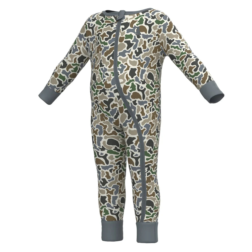 A long-sleeve baby footless one-piece jumpsuit with an all-over camouflage pattern in beige, green, brown, and gray, featuring a gray snap closure down the front and gray cuffs and ankle cuffs, shown on a plain white background.