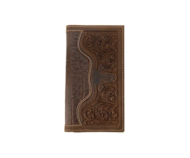 3D men's brown rodeo wallet, front with tooled floral leather and longhorn overlay