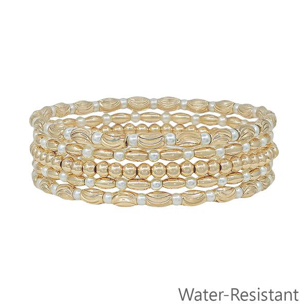 Water Resistant Gold Oval Beaded Pearls Set of 5 Stretch Bracelets