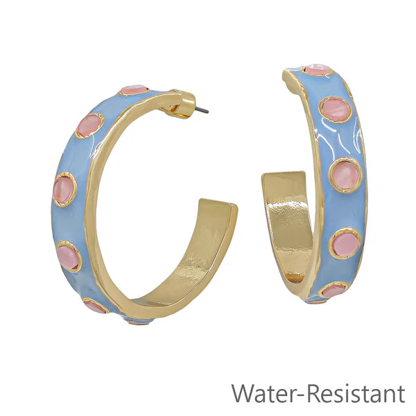 Water Resistant Light Blue Pink 2" Hoop Earring