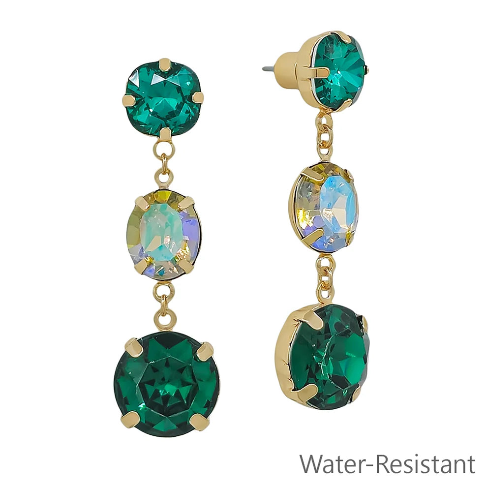 Water Resistant Green Crystal Triple Drop 2" Earring