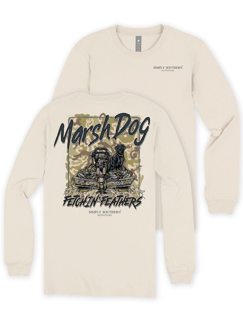 Front and back of the men's cream Marsh Dog duck boat long sleeve tee