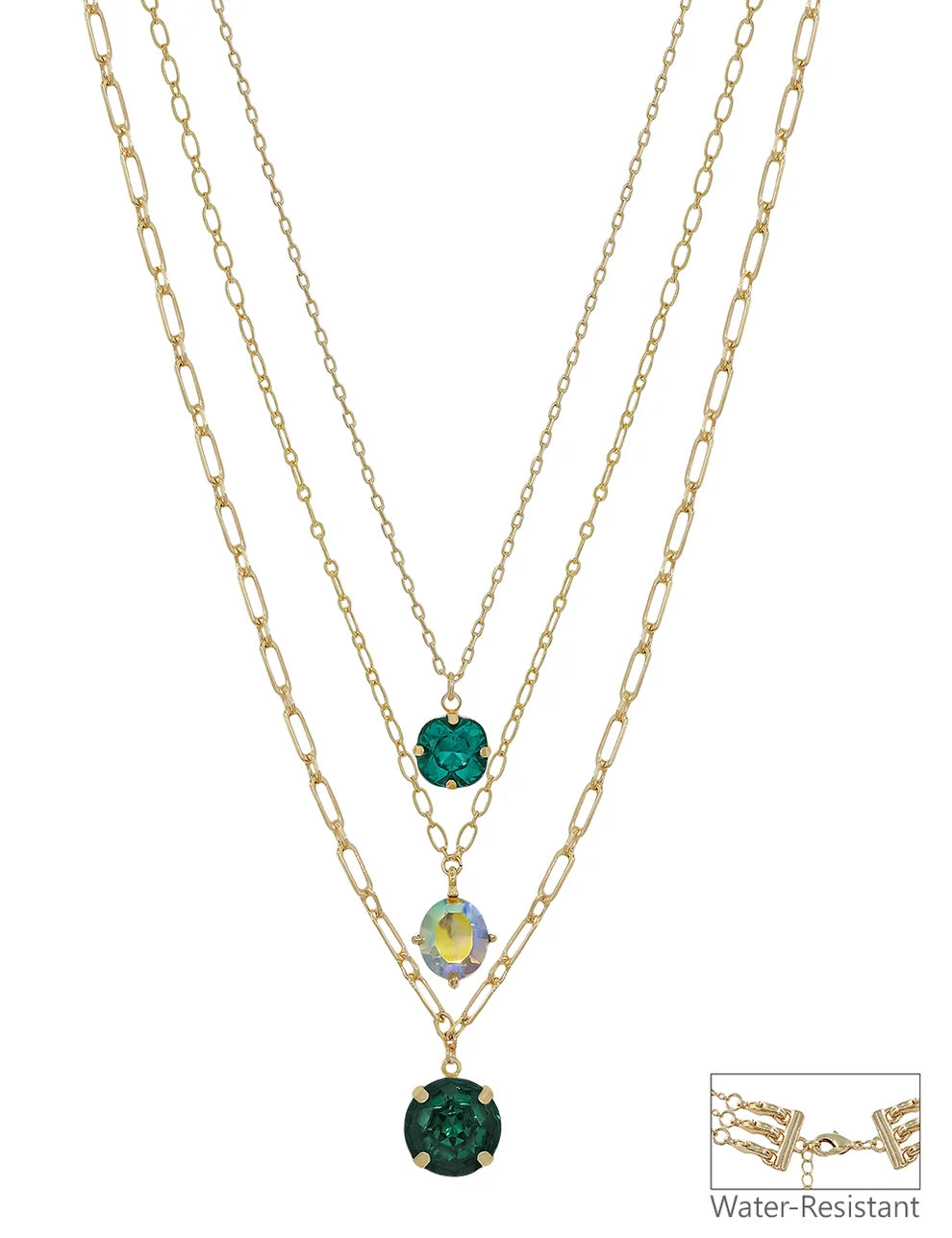 Water Resistant Gold Triple Layered Multi Way Emerald Green Crystal Drop 16"-18" Necklace