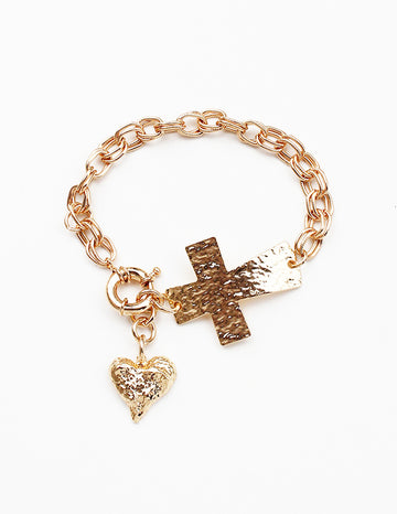 Gold Hammered Cross and Heart Charm Toggle Bracelet