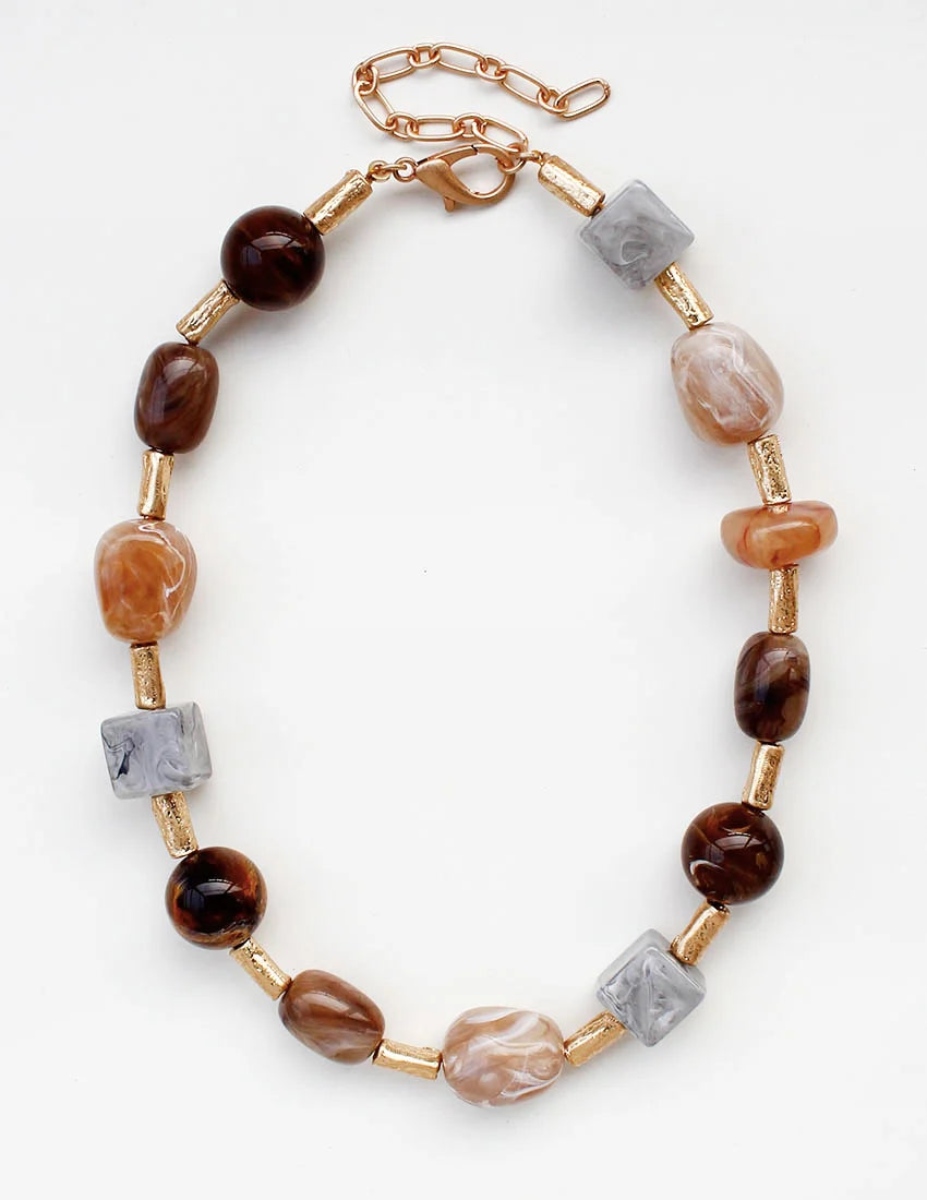 Gold Tube Beaded with Multi Color Natural Stone 18" Necklace