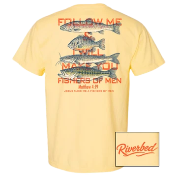 Riverbed Threads Fishers of Men tee in butter yellow, back with fish graphic and Matthew 4:19