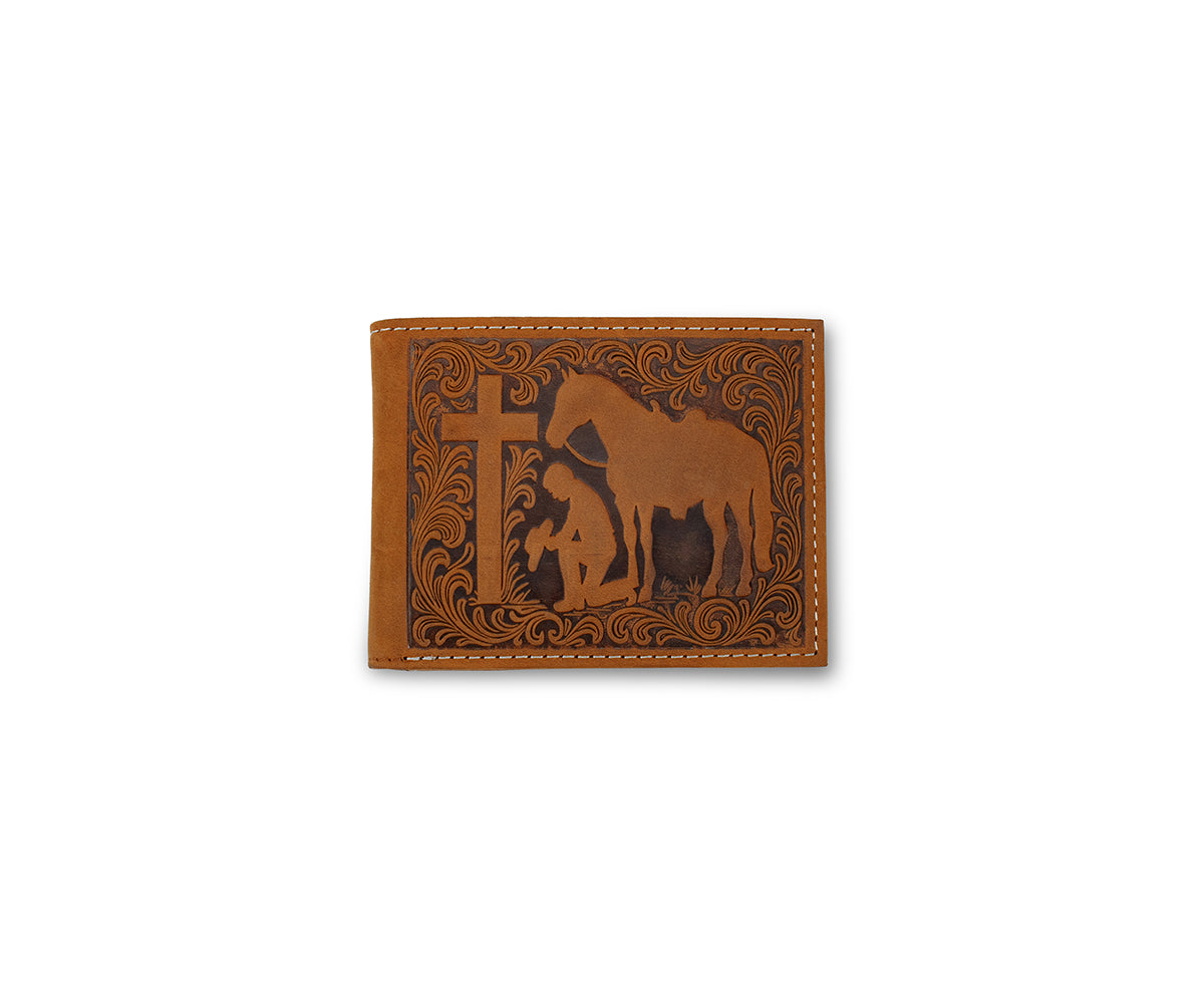 Brown leather wallet with horse and cross design on a white background